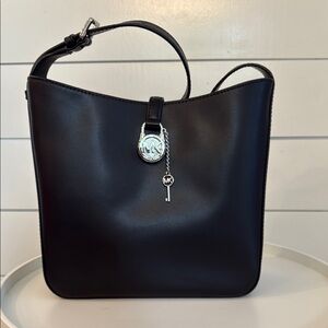 NWT Michael Kors Lyra Black Leather Shoulder Bag with Silver Accents